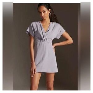Anthropologie Women’s Faux Wrap Mini‎ Dress Linen Blend Gray Lavender Size 6